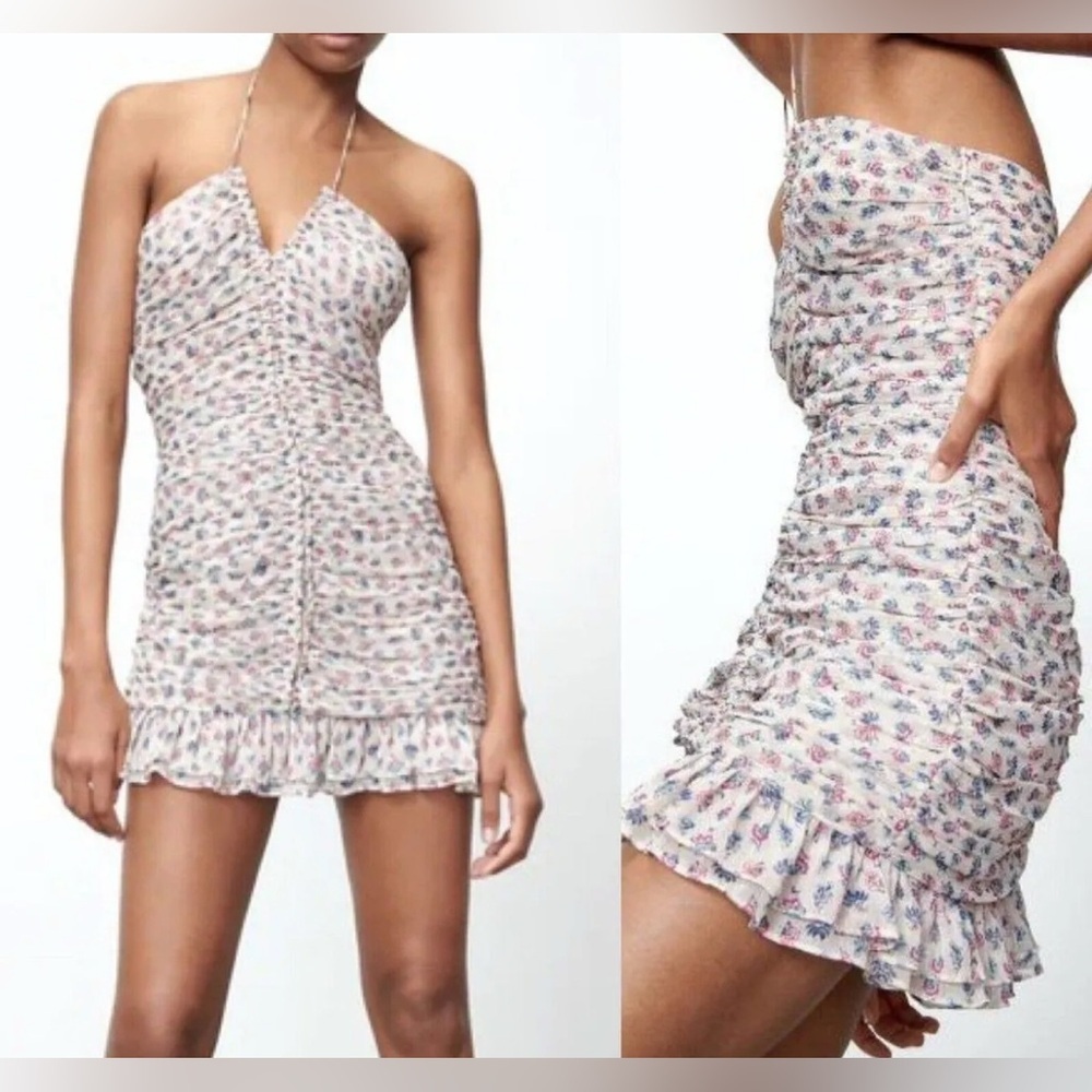 🆕 ZARA Metallic Thread Draped Ruched Floral Printed Halter Mini Dress M🆕